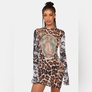 NWT Ed Hardy Leopard Print Virgin Mary Mesh Dress Sz 2x